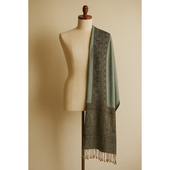 Vintage Pashmina 80" X 28.5" Blue Green Gold Paisley Tassled Boho Scraf Wrap - Picture 1 of 5